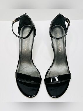 Stuart Weitzman Black Patent Leather Nudist Curve Ankle-Strap Heels Shoes Sandal